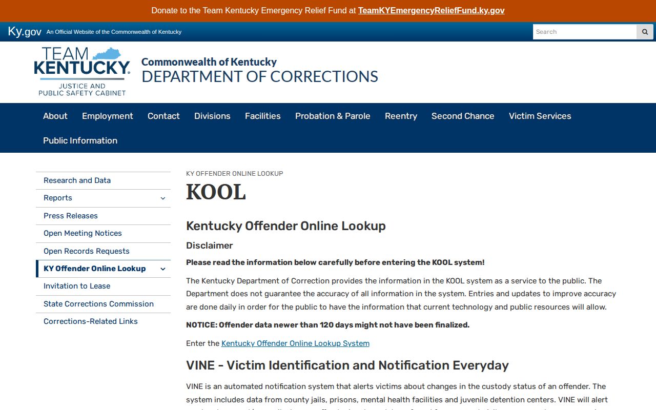 Kentucky DOC KOOL limits for Owen County arrest and offender photo searches